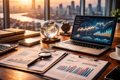 Análise estratégica de mercado e indicadores econômicos em ambiente corporativo, destacando decisões empresariais e planejamento financeiro com Victor Boris Santos Maciel.