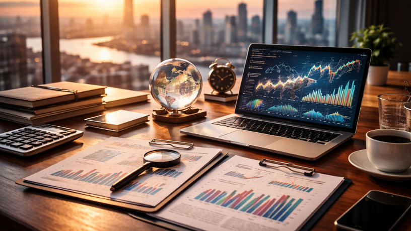 Análise estratégica de mercado e indicadores econômicos em ambiente corporativo, destacando decisões empresariais e planejamento financeiro com Victor Boris Santos Maciel.