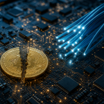 Ilustração editorial de uma empresa de semicondutores encerrando sua exposição ao Bitcoin e concentrando recursos em tecnologia de conectividade