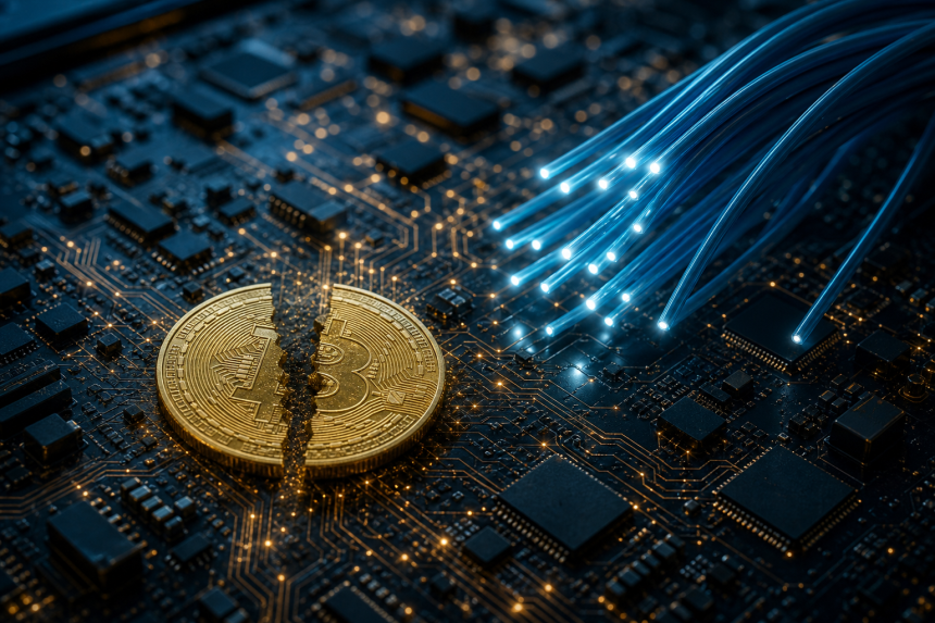 Ilustração editorial de uma empresa de semicondutores encerrando sua exposição ao Bitcoin e concentrando recursos em tecnologia de conectividade